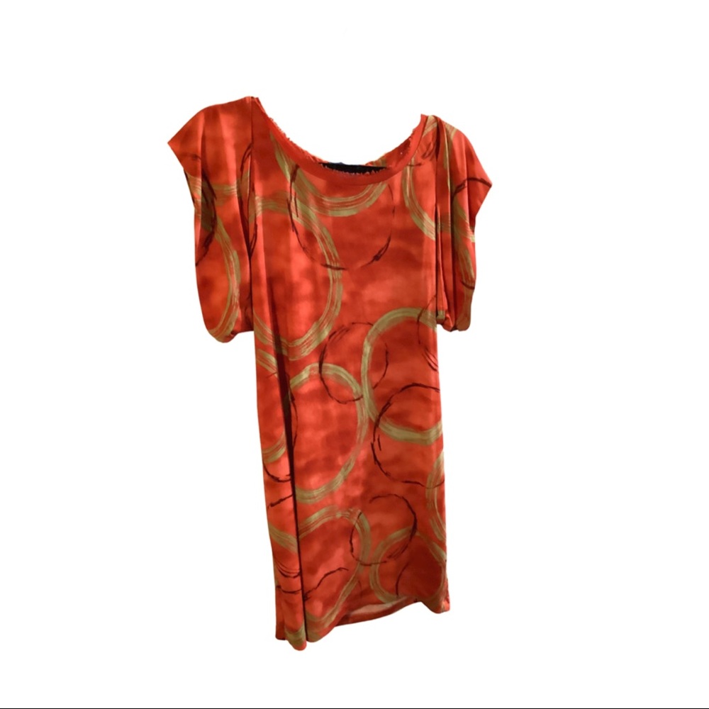 Orange sheath dress with drape sleeve detailing